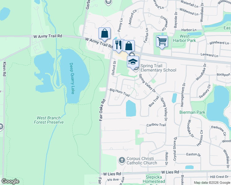 map of restaurants, bars, coffee shops, grocery stores, and more near 1445 Big Horn Trail in Carol Stream