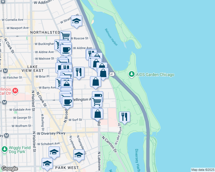 map of restaurants, bars, coffee shops, grocery stores, and more near 3100 North Lake Shore Drive in Chicago