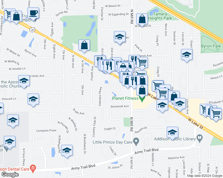 map of restaurants, bars, coffee shops, grocery stores, and more near 748 Briar Hill Lane in Addison