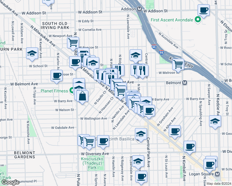 map of restaurants, bars, coffee shops, grocery stores, and more near 3125 North Hamlin Avenue in Chicago