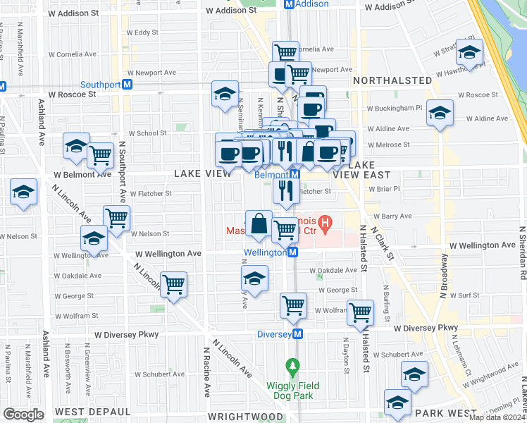 map of restaurants, bars, coffee shops, grocery stores, and more near W Barry Ave & N Kenmore Ave in Chicago