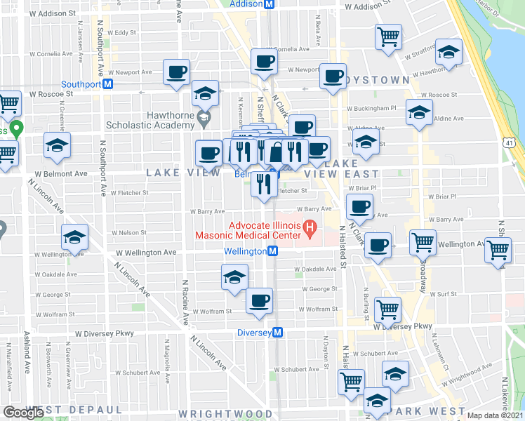 map of restaurants, bars, coffee shops, grocery stores, and more near W Barry Ave & N Sheffield Ave in Chicago