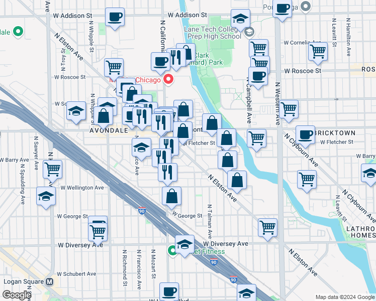 map of restaurants, bars, coffee shops, grocery stores, and more near 3125 North Elston Avenue in Chicago