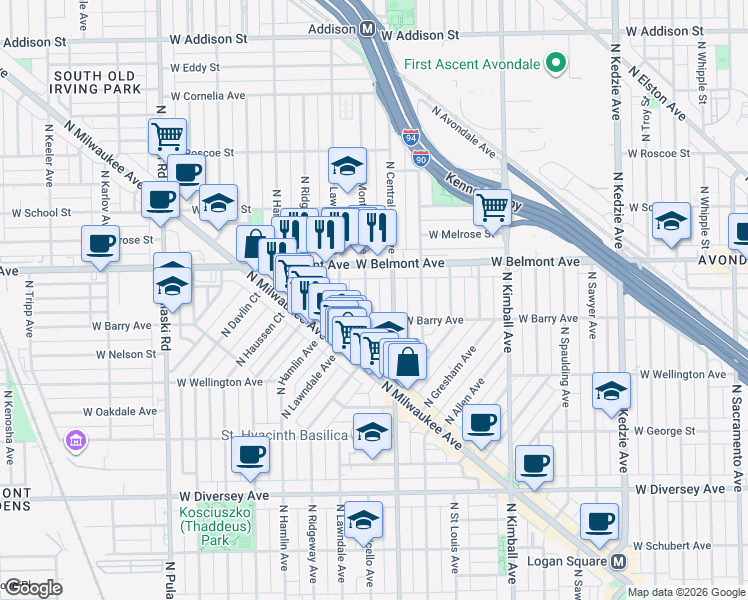 map of restaurants, bars, coffee shops, grocery stores, and more near 3137 North Monticello Avenue in Chicago