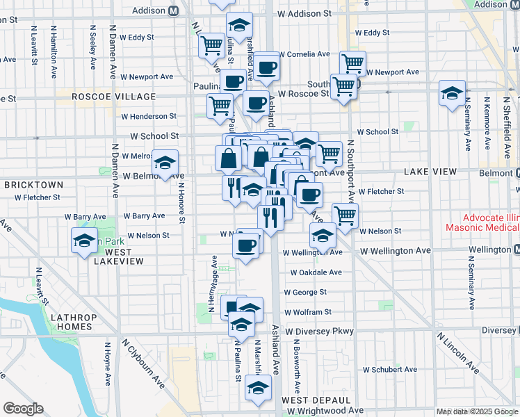 map of restaurants, bars, coffee shops, grocery stores, and more near 1630 West Barry Avenue in Chicago