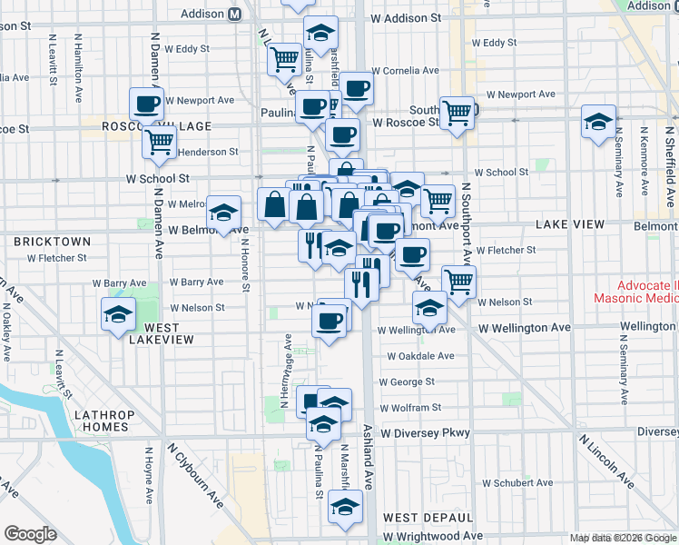 map of restaurants, bars, coffee shops, grocery stores, and more near 1630 West Barry Avenue in Chicago