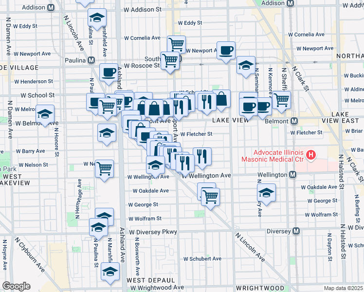 map of restaurants, bars, coffee shops, grocery stores, and more near 1347 West Fletcher Street in Chicago