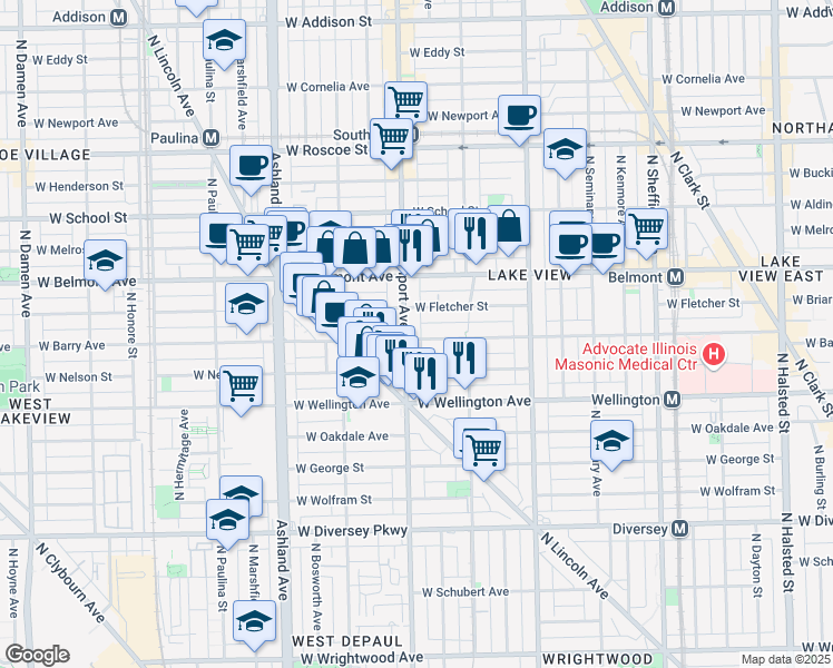 map of restaurants, bars, coffee shops, grocery stores, and more near 1347 West Fletcher Street in Chicago