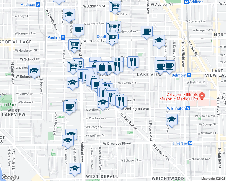 map of restaurants, bars, coffee shops, grocery stores, and more near 1415 West Fletcher Street in Chicago