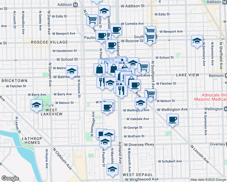 map of restaurants, bars, coffee shops, grocery stores, and more near 3118 North Ashland Avenue in Chicago