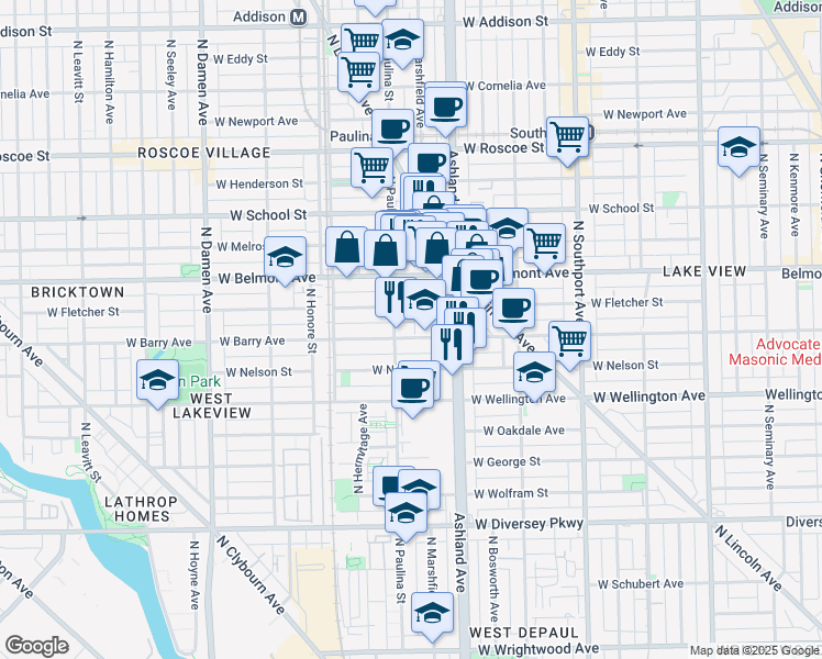 map of restaurants, bars, coffee shops, grocery stores, and more near 1645 West Fletcher Street in Chicago