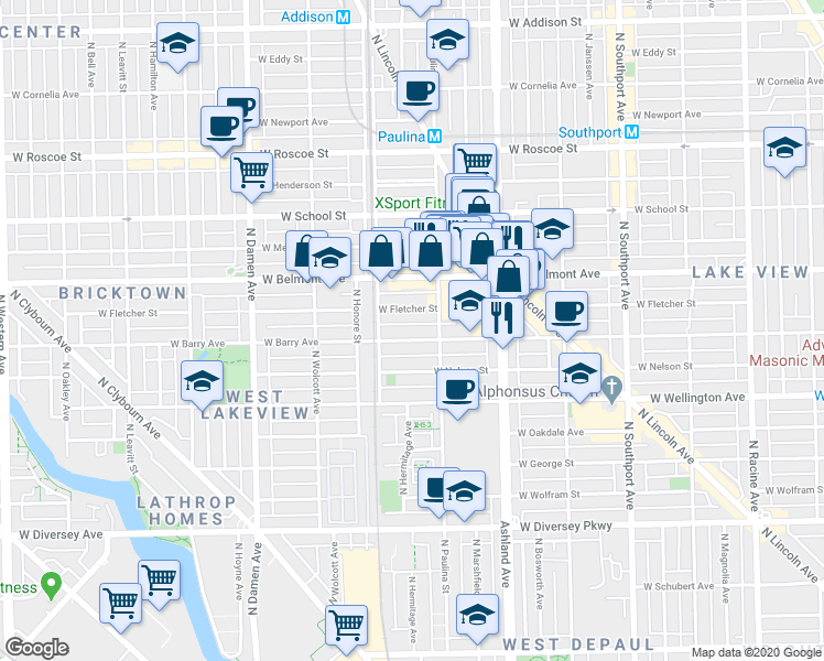 map of restaurants, bars, coffee shops, grocery stores, and more near 1723 West Fletcher Street in Chicago