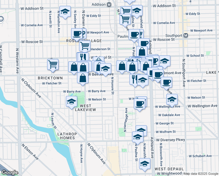 map of restaurants, bars, coffee shops, grocery stores, and more near 1835 West Fletcher Street in Chicago