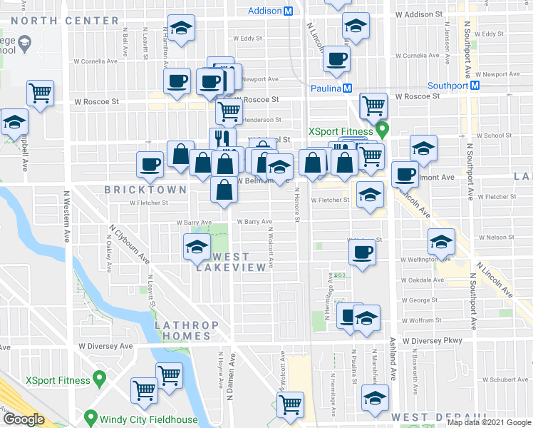 map of restaurants, bars, coffee shops, grocery stores, and more near 1913 West Fletcher Street in Chicago