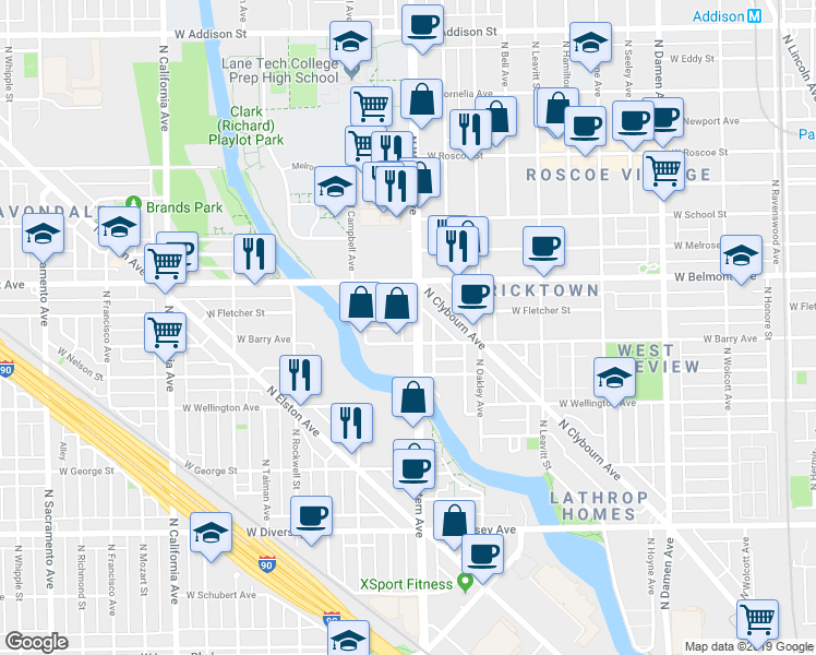 map of restaurants, bars, coffee shops, grocery stores, and more near 3122 North Western Avenue in Chicago