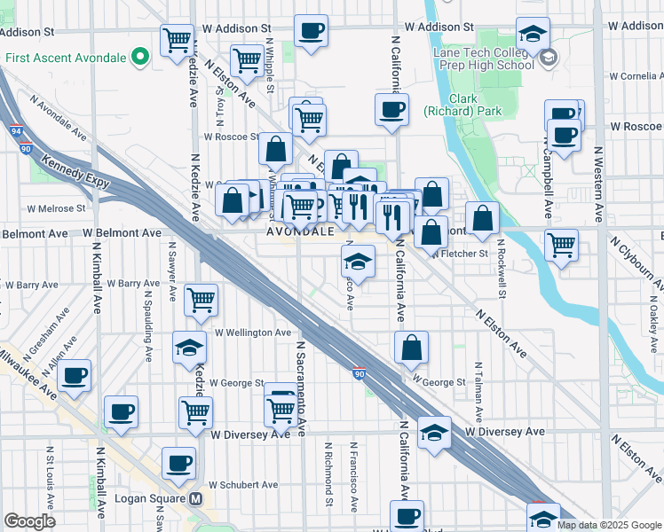 map of restaurants, bars, coffee shops, grocery stores, and more near 2905 West Fletcher Street in Chicago