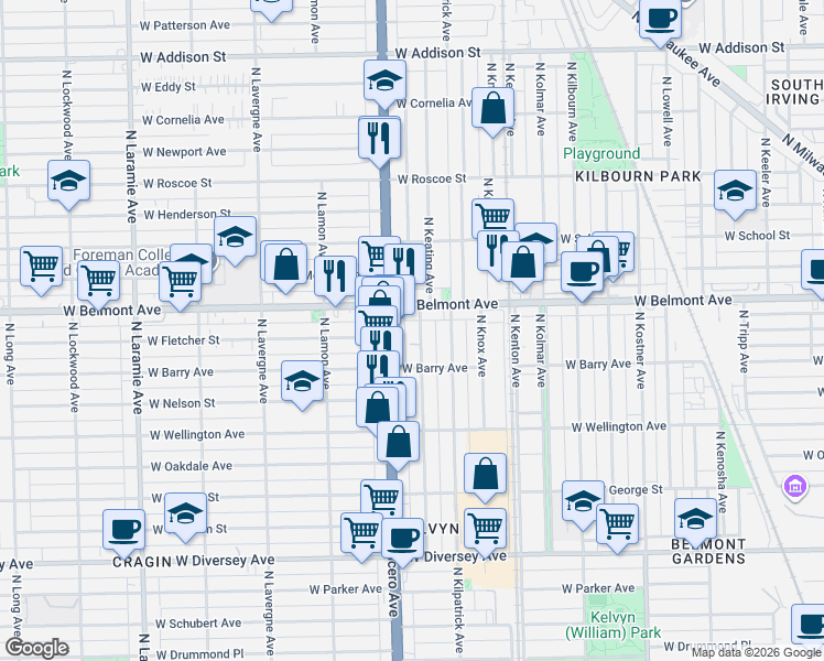 map of restaurants, bars, coffee shops, grocery stores, and more near 4743 West Belmont Avenue in Chicago