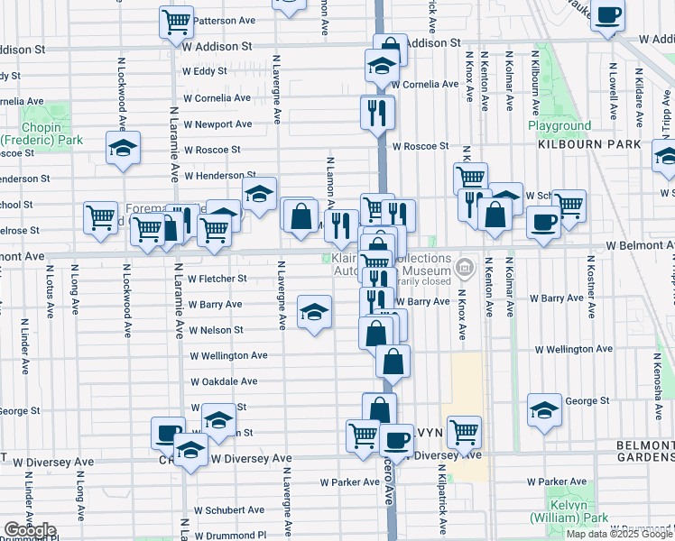 map of restaurants, bars, coffee shops, grocery stores, and more near 4835 West Belmont Avenue in Chicago