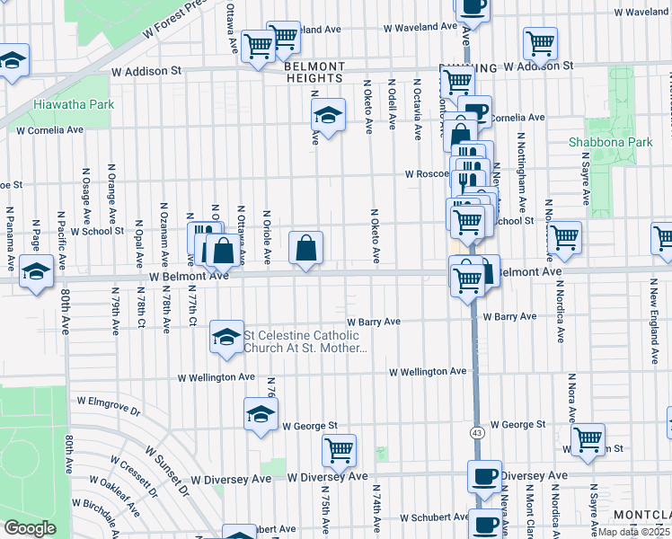 map of restaurants, bars, coffee shops, grocery stores, and more near 3214 North Osceola Avenue in Chicago
