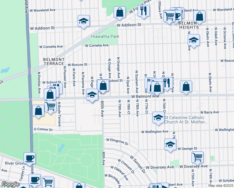 map of restaurants, bars, coffee shops, grocery stores, and more near 3223 North Orange Avenue in Chicago