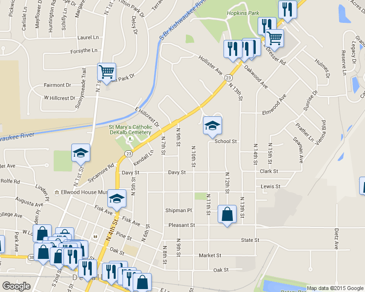 map of restaurants, bars, coffee shops, grocery stores, and more near 859 North 10th Street in DeKalb