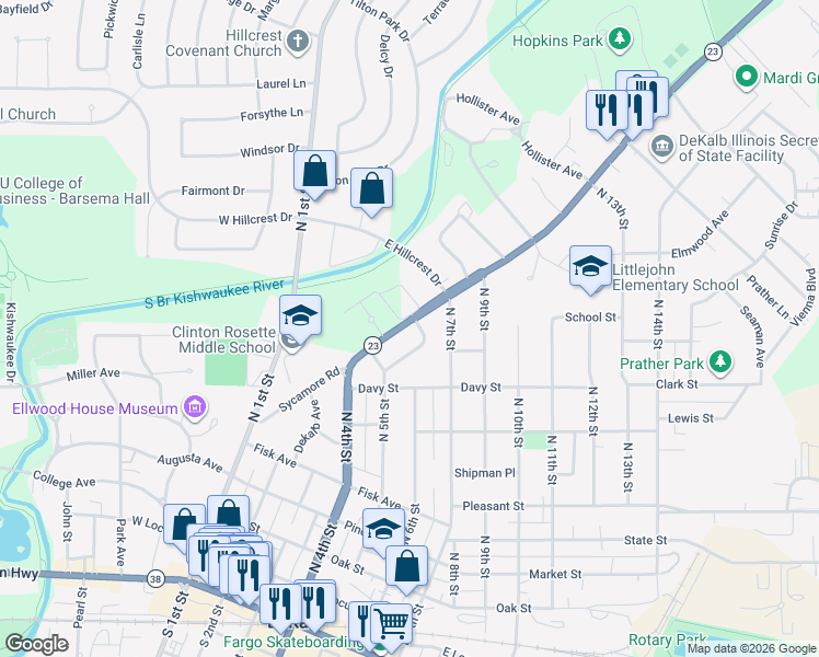 map of restaurants, bars, coffee shops, grocery stores, and more near 531 Sycamore Road in DeKalb