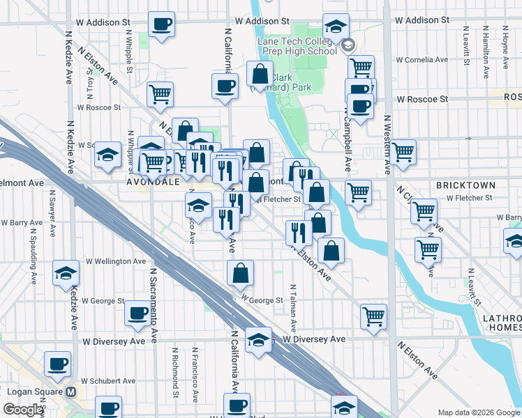 map of restaurants, bars, coffee shops, grocery stores, and more near 2707 West Fletcher Street in Chicago