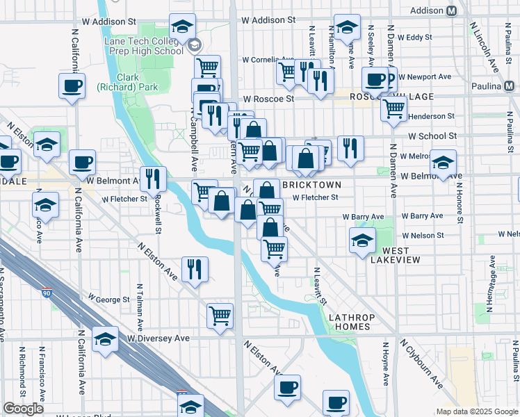 map of restaurants, bars, coffee shops, grocery stores, and more near 3122 North Clybourn Avenue in Chicago