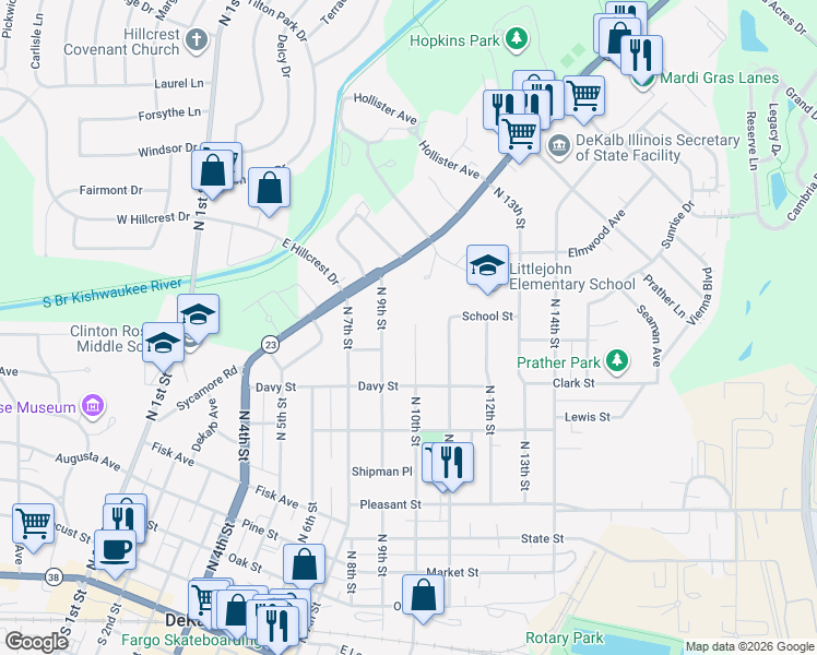 map of restaurants, bars, coffee shops, grocery stores, and more near 859 North 10th Street in DeKalb