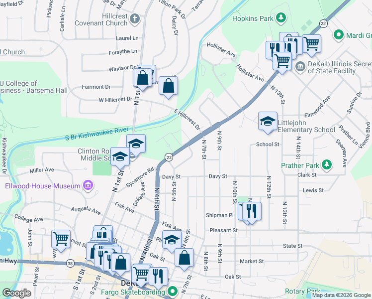 map of restaurants, bars, coffee shops, grocery stores, and more near 531 Sycamore Road in DeKalb