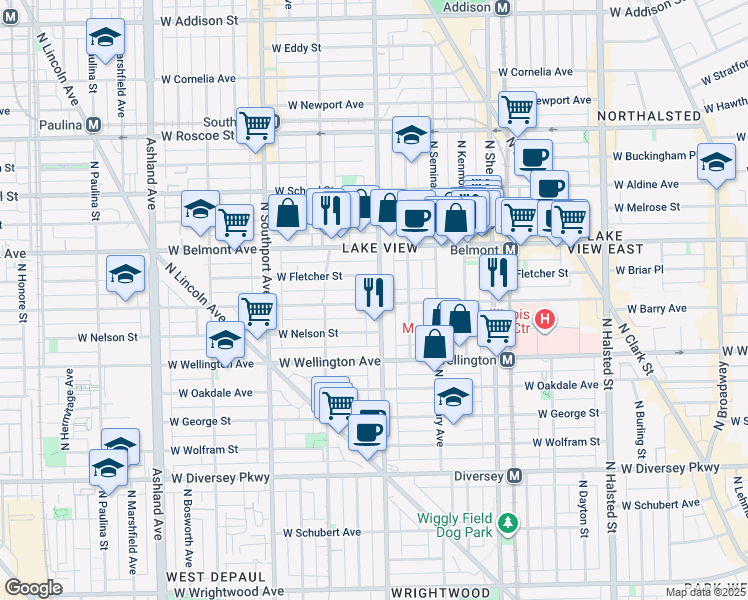 map of restaurants, bars, coffee shops, grocery stores, and more near 3100 North Racine Avenue in Chicago