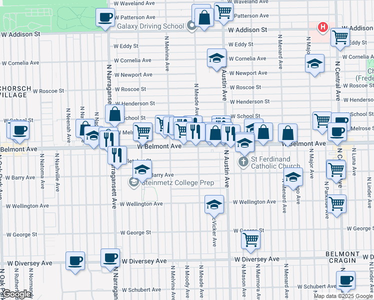 map of restaurants, bars, coffee shops, grocery stores, and more near 6132 West Belmont Avenue in Chicago