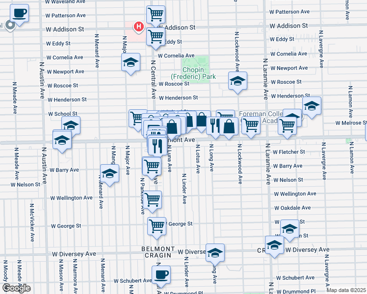 map of restaurants, bars, coffee shops, grocery stores, and more near 5455 West Belmont Avenue in Chicago