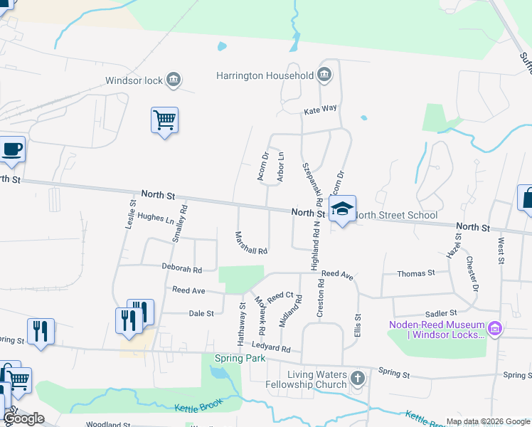map of restaurants, bars, coffee shops, grocery stores, and more near 383 North Street in Windsor Locks