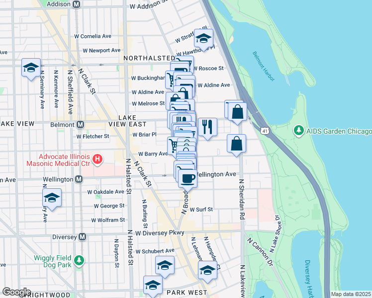 map of restaurants, bars, coffee shops, grocery stores, and more near 533 West Briar Place in Chicago