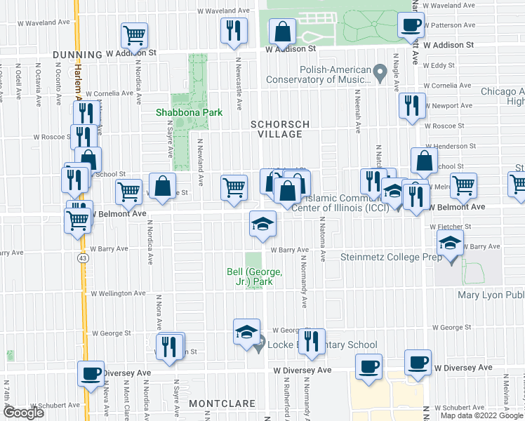 map of restaurants, bars, coffee shops, grocery stores, and more near West Belmont Avenue & North Oak Park Avenue in Chicago