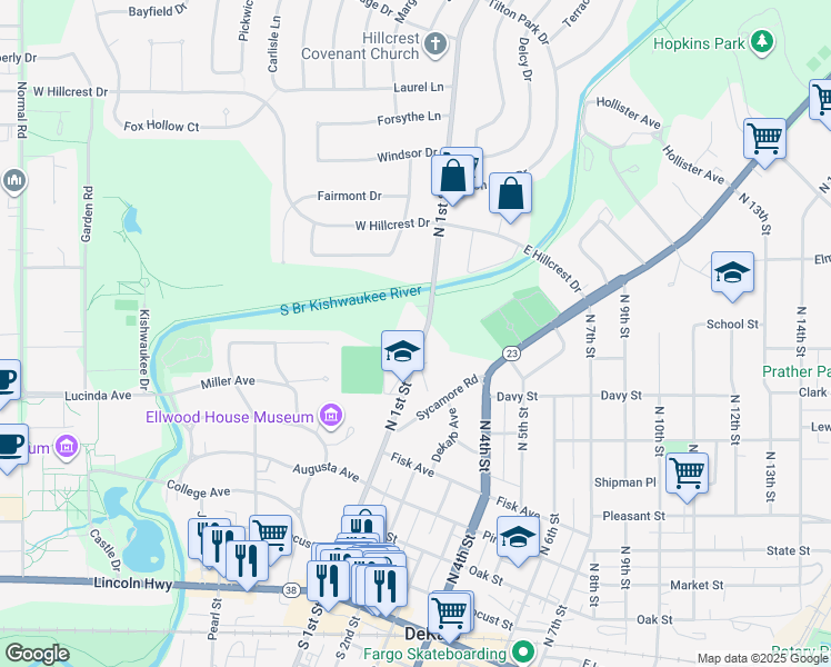 map of restaurants, bars, coffee shops, grocery stores, and more near 717 North 1st Street in DeKalb