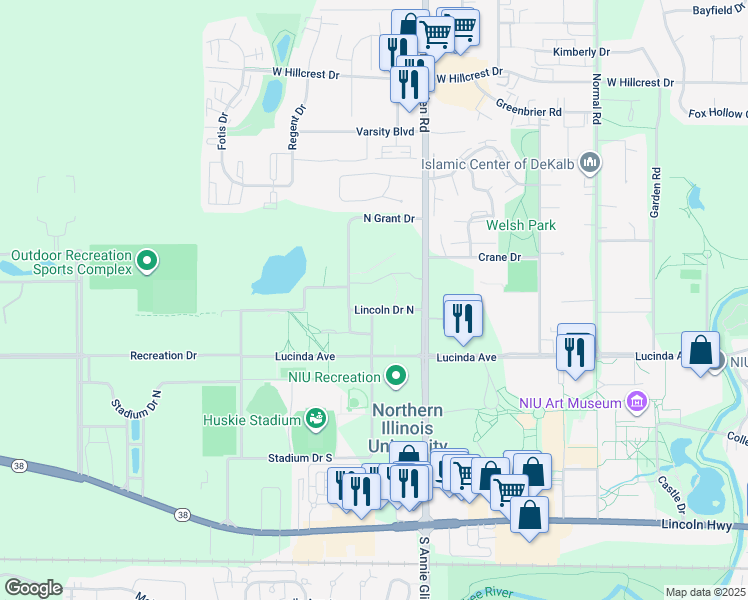 map of restaurants, bars, coffee shops, grocery stores, and more near 1175 Lincoln Drive North in DeKalb