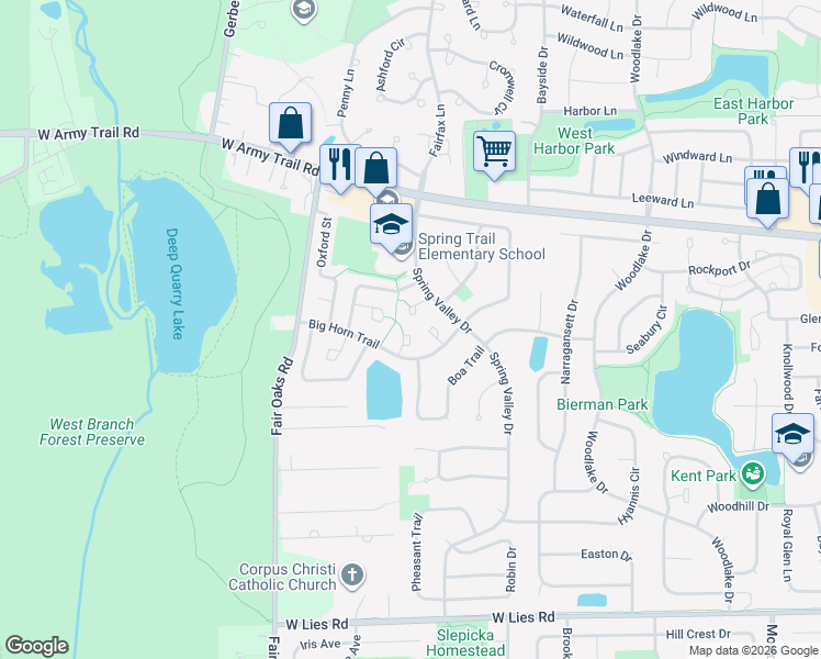 map of restaurants, bars, coffee shops, grocery stores, and more near 1383 Potomac Court in Carol Stream