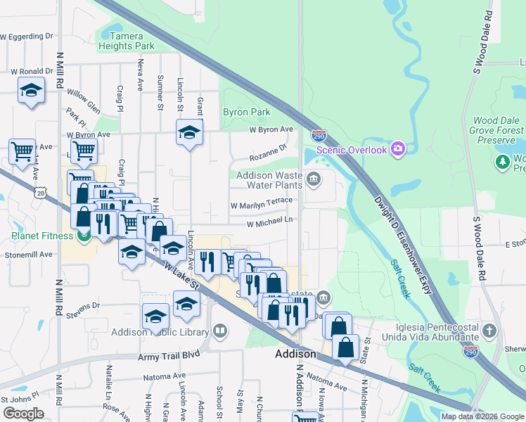 map of restaurants, bars, coffee shops, grocery stores, and more near 108 West Marilyn Terrace in Addison