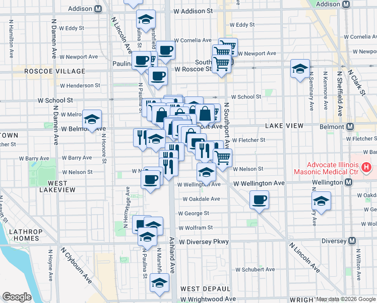 map of restaurants, bars, coffee shops, grocery stores, and more near 3134 North Lincoln Avenue in Chicago