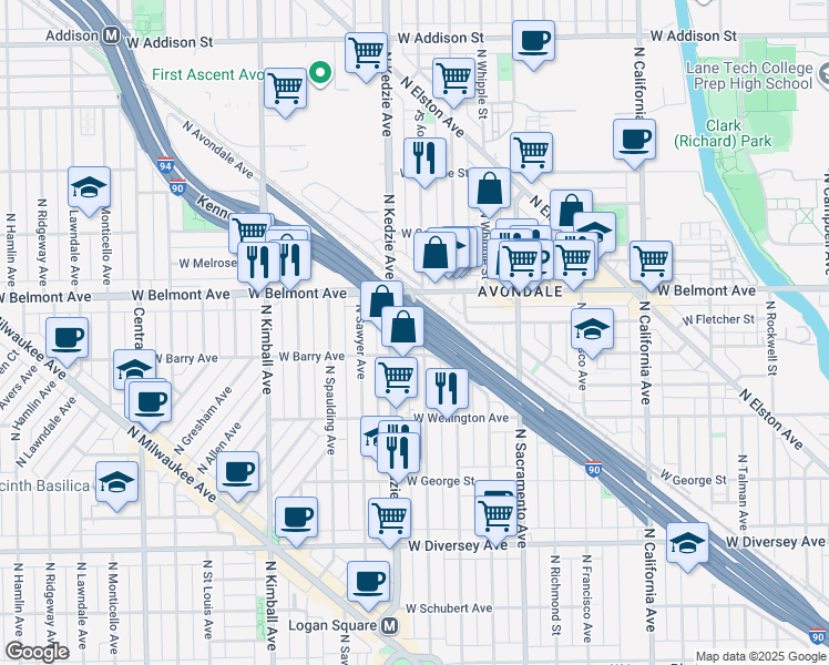 map of restaurants, bars, coffee shops, grocery stores, and more near 3120 North Troy Street in Chicago