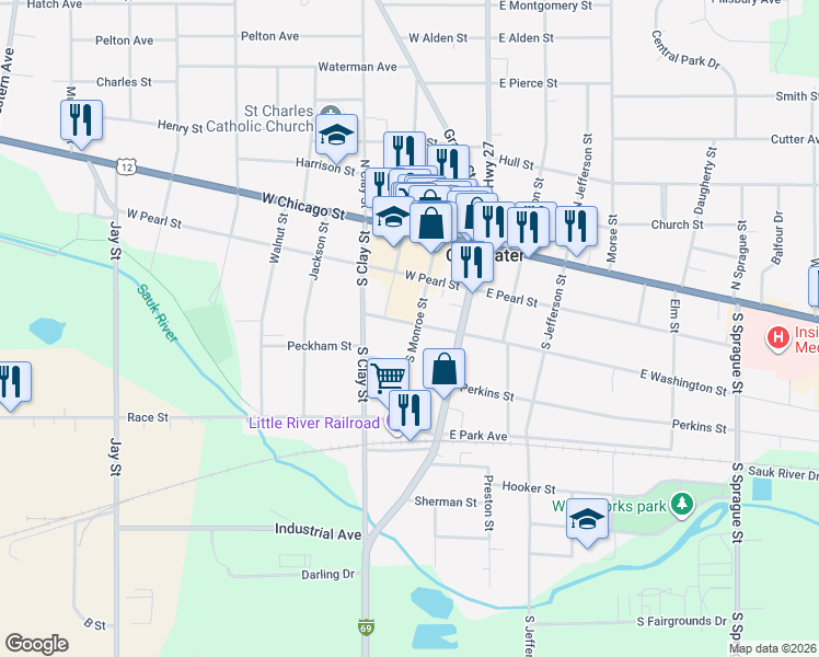 map of restaurants, bars, coffee shops, grocery stores, and more near 86 South Monroe Street in Coldwater