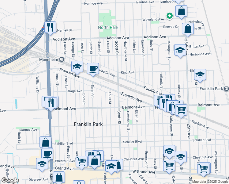 map of restaurants, bars, coffee shops, grocery stores, and more near 10009 Franklin Avenue in Franklin Park
