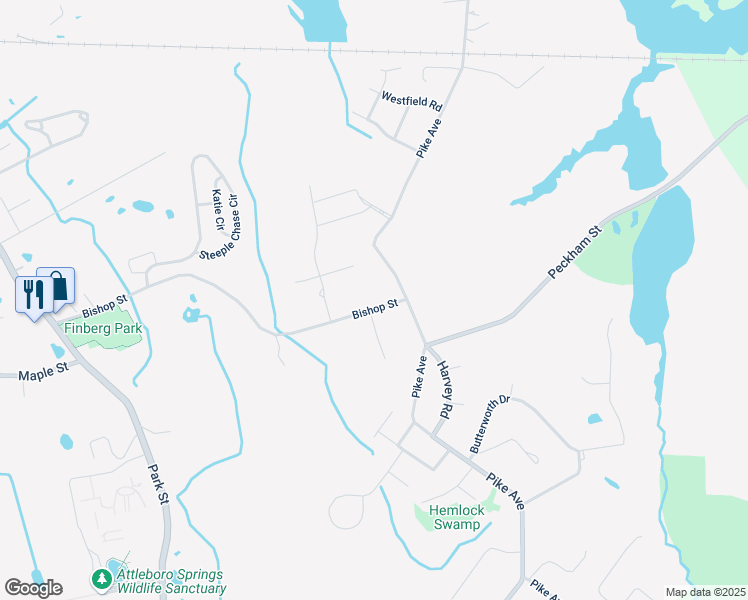 map of restaurants, bars, coffee shops, grocery stores, and more near 300 Bishop Street in Attleboro
