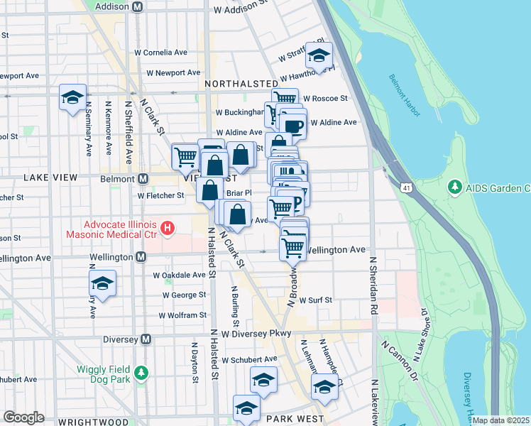 map of restaurants, bars, coffee shops, grocery stores, and more near 3117 North Orchard Street in Chicago