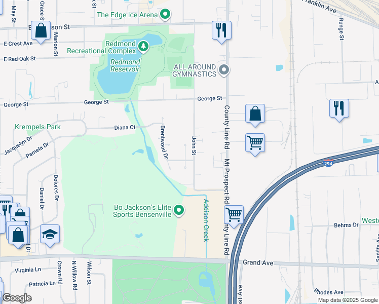 map of restaurants, bars, coffee shops, grocery stores, and more near 824 River Forest Court in Bensenville
