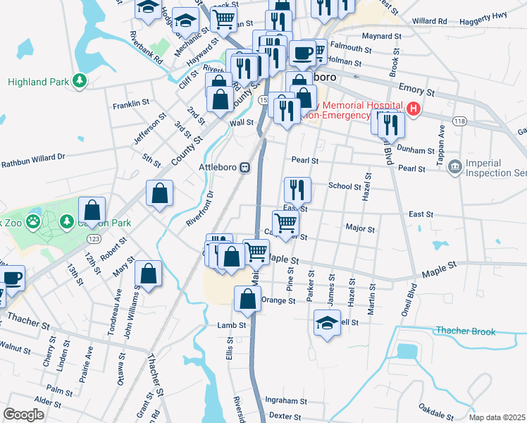map of restaurants, bars, coffee shops, grocery stores, and more near 2 East Street in Attleboro