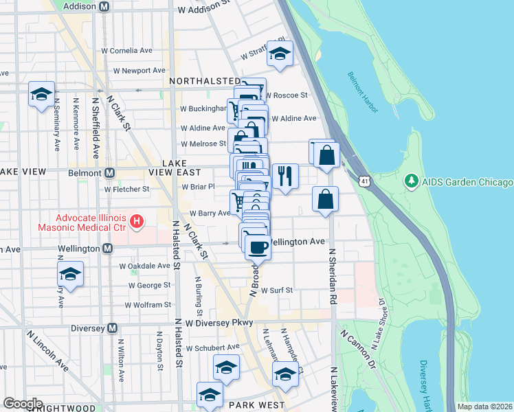 map of restaurants, bars, coffee shops, grocery stores, and more near 533 West Briar Place in Chicago