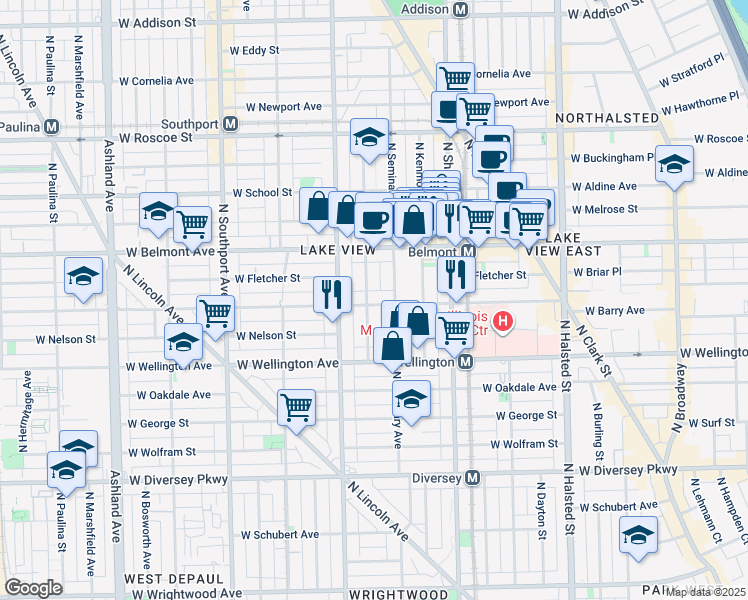 map of restaurants, bars, coffee shops, grocery stores, and more near 3116 North Seminary Avenue in Chicago